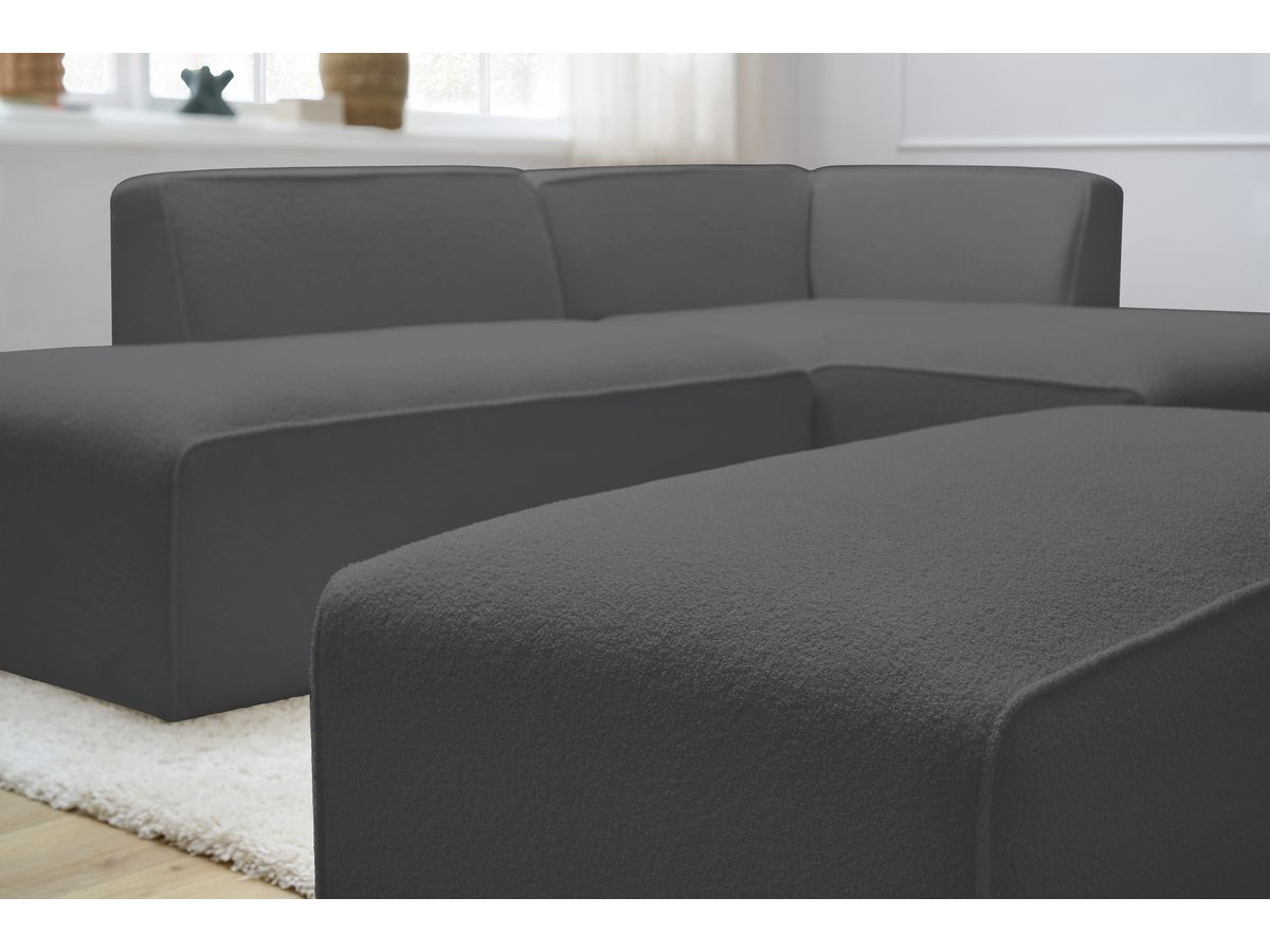 Canapé d'angle fixe modulable MEGEVE tissu bouclette avec pouf