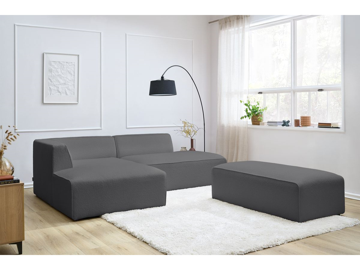 Canapé d'angle fixe modulable MEGEVE tissu bouclette avec pouf