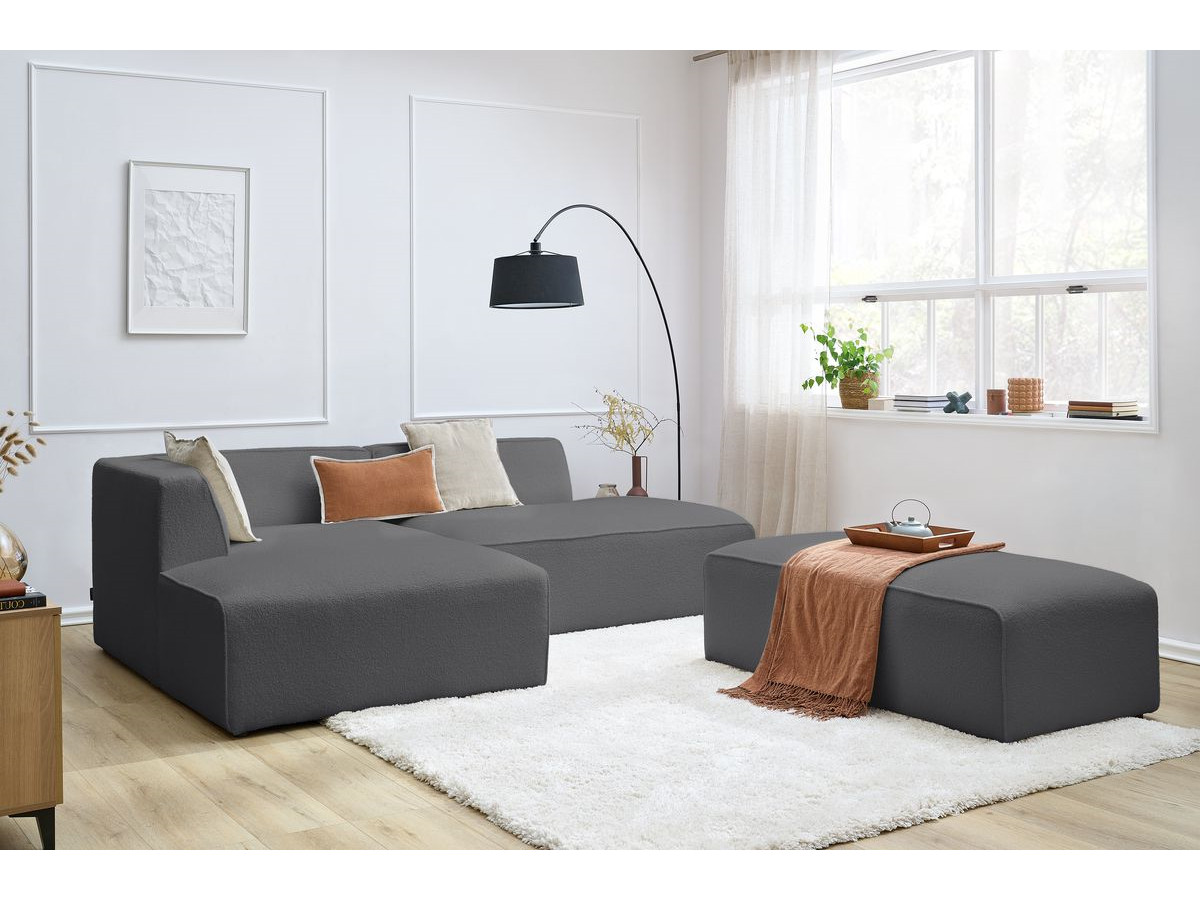 Canapé d'angle fixe modulable MEGEVE tissu bouclette avec pouf