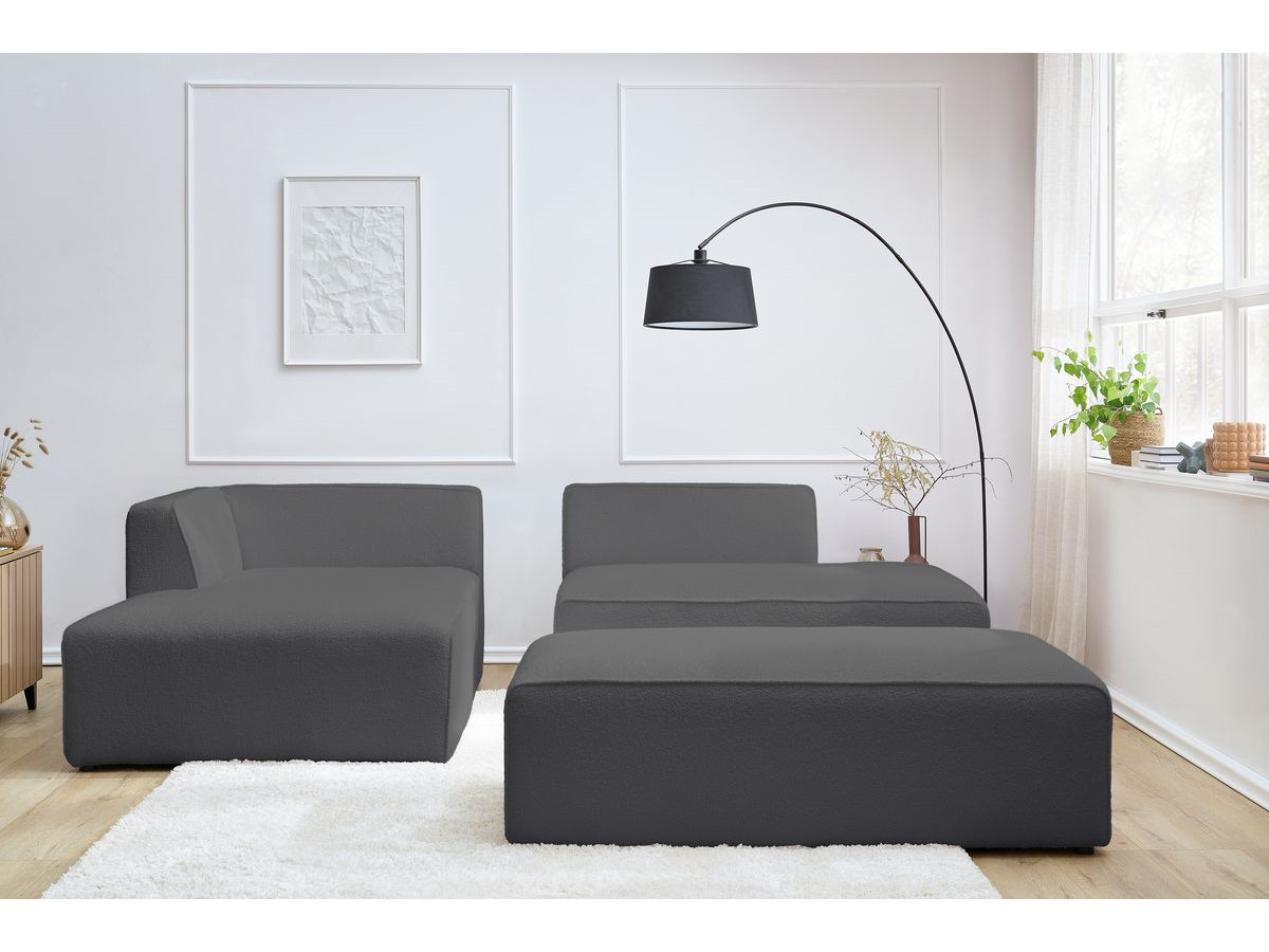 Canapé d'angle fixe modulable MEGEVE tissu bouclette avec pouf