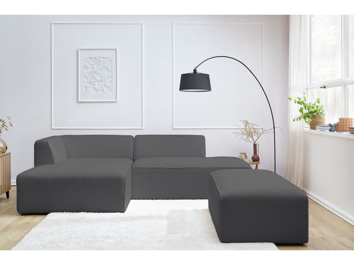 Canapé d'angle fixe modulable MEGEVE tissu bouclette avec pouf