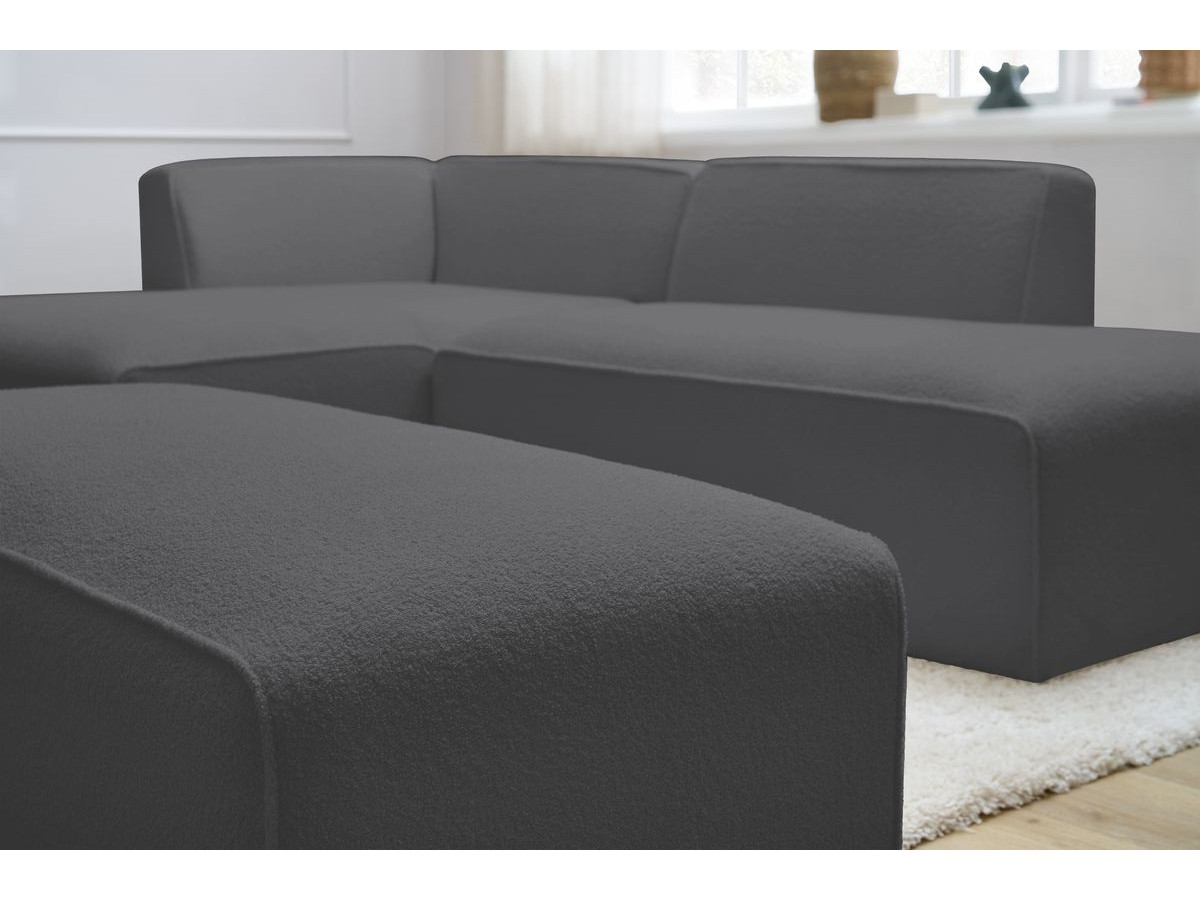 Canapé d'angle fixe modulable MEGEVE tissu bouclette avec pouf
