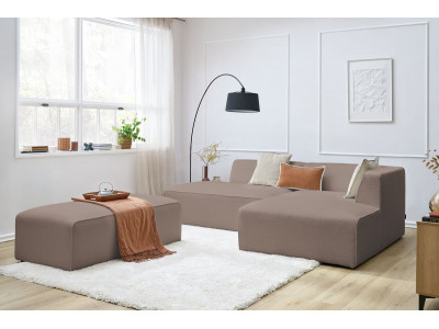 Canapé d'angle fixe modulable MEGEVE tissu bouclette avec pouf