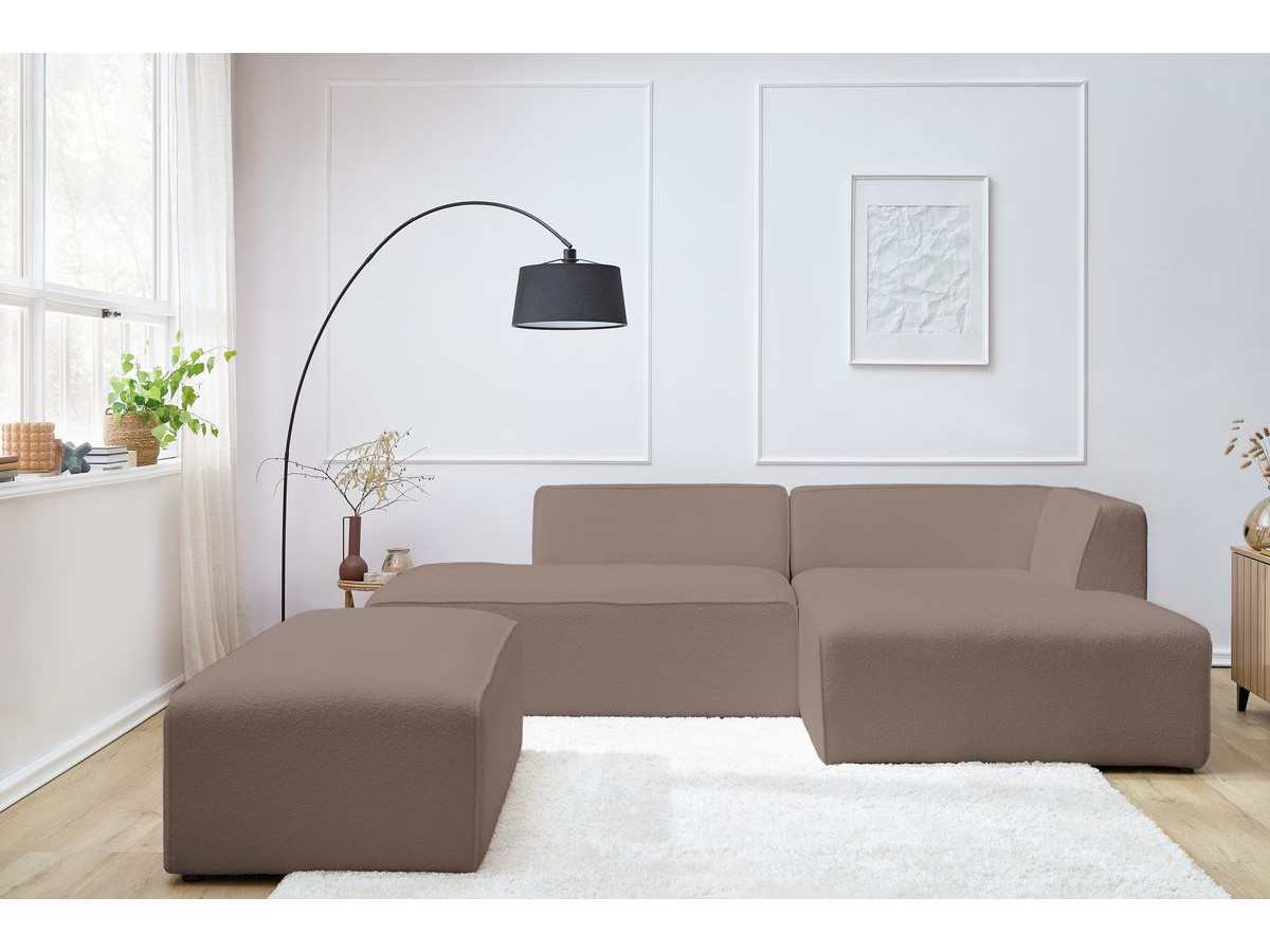 Canapé d'angle fixe modulable MEGEVE tissu bouclette avec pouf