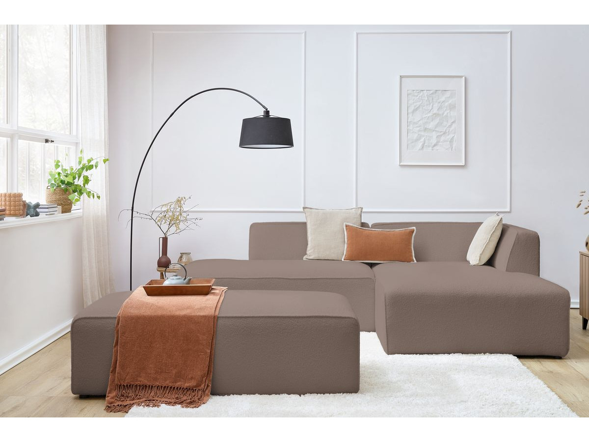 Canapé d'angle fixe modulable MEGEVE tissu bouclette avec pouf