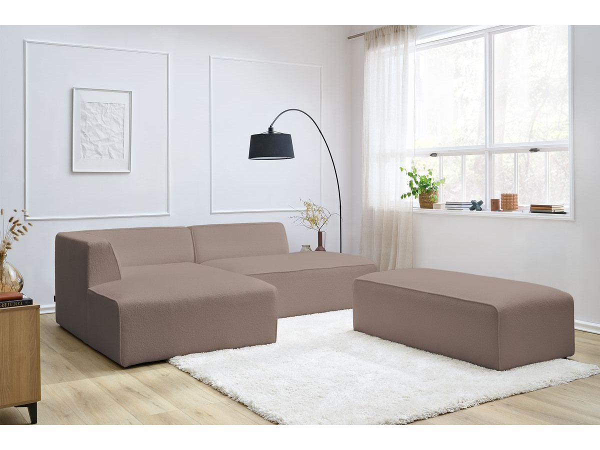 Canapé d'angle fixe modulable MEGEVE tissu bouclette avec pouf