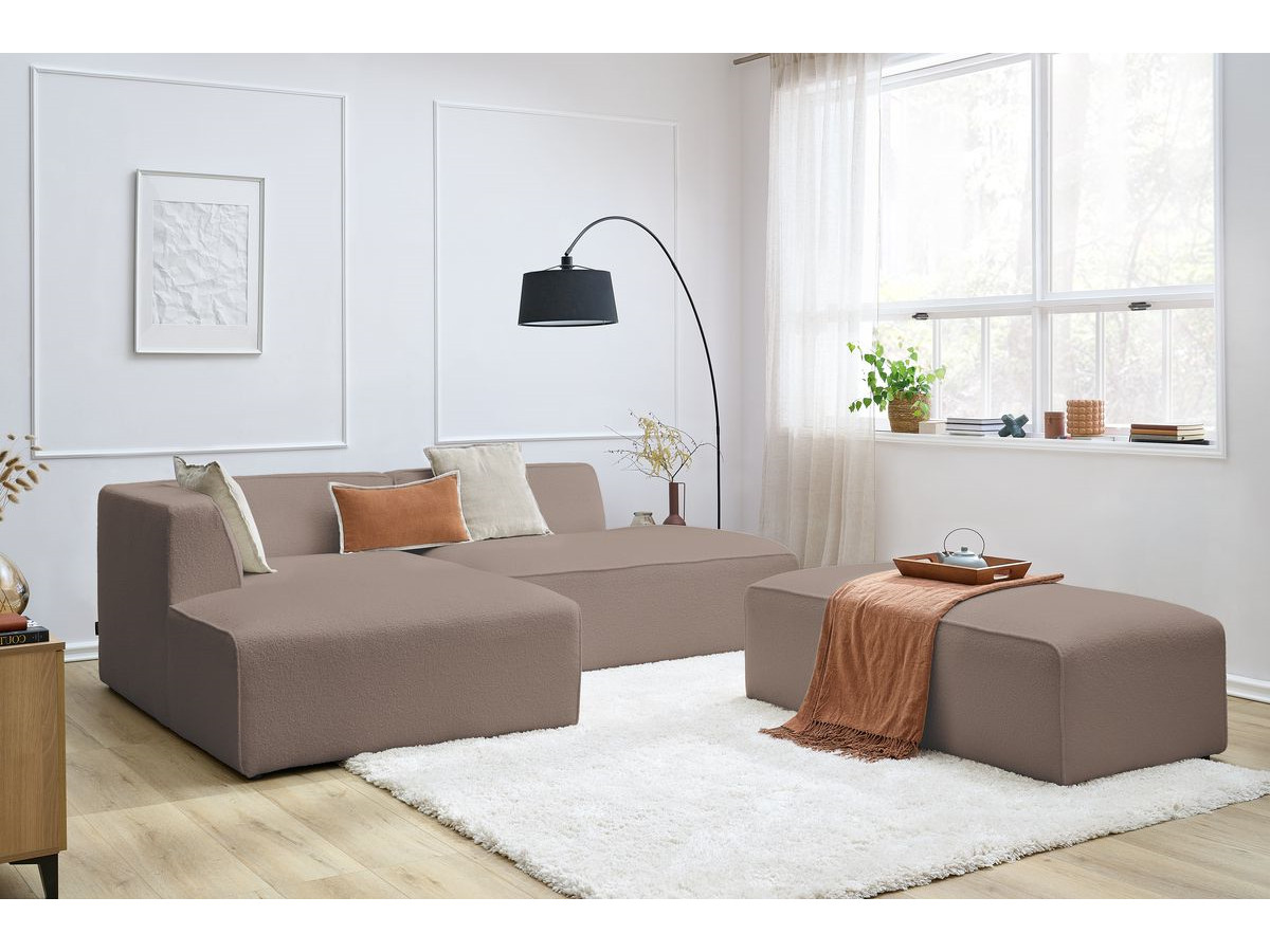 Canapé d'angle fixe modulable MEGEVE tissu bouclette avec pouf