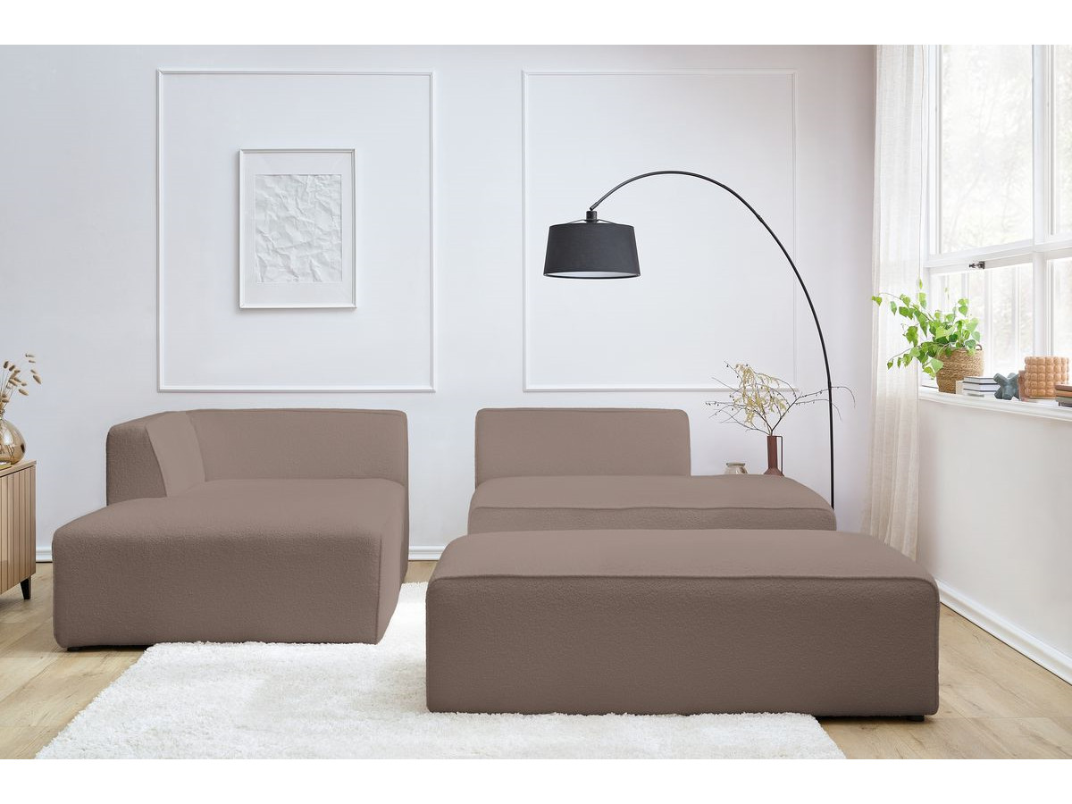 Canapé d'angle fixe modulable MEGEVE tissu bouclette avec pouf
