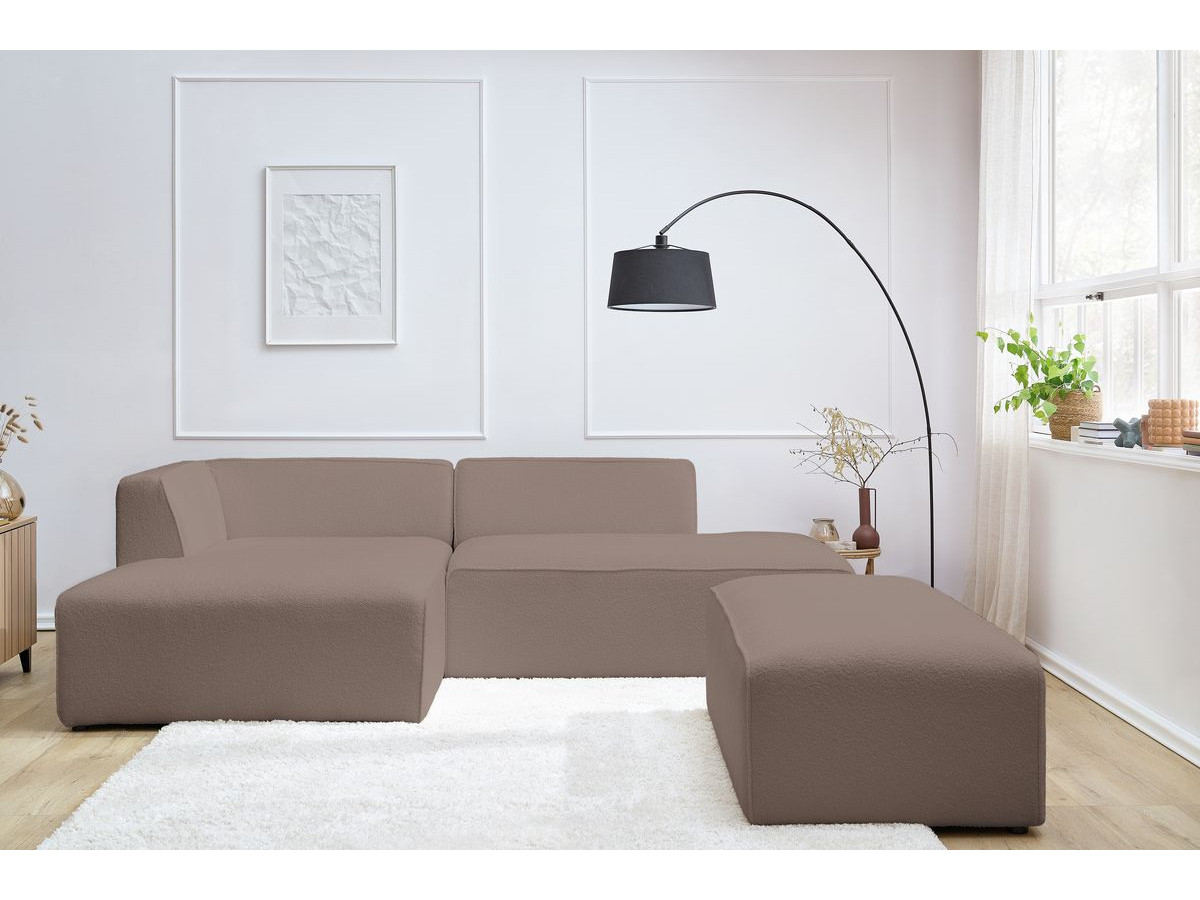 Canapé d'angle fixe modulable MEGEVE tissu bouclette avec pouf