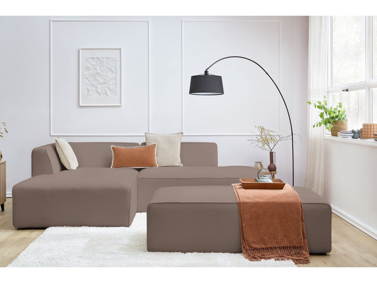 Canapé d'angle fixe modulable MEGEVE tissu bouclette avec pouf