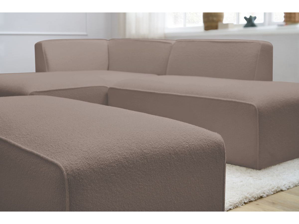 Canapé d'angle fixe modulable MEGEVE tissu bouclette avec pouf