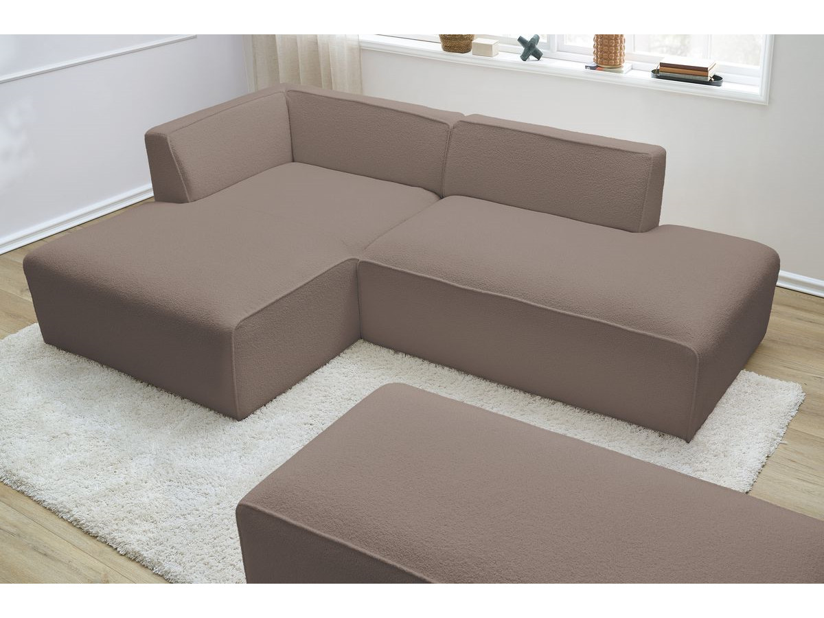 Canapé d'angle fixe modulable MEGEVE tissu bouclette avec pouf
