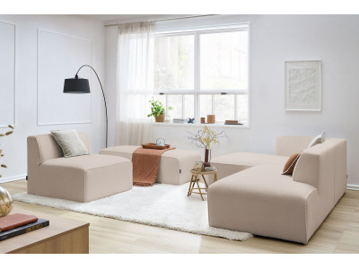 Canapé d'angle fixe modulable MEGEVE tissu bouclette avec 1 chauffeuse et 1 pouf