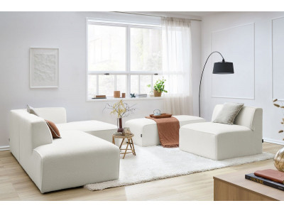 Canapé d'angle fixe modulable MEGEVE tissu bouclette avec 1 chauffeuse et 1 pouf
