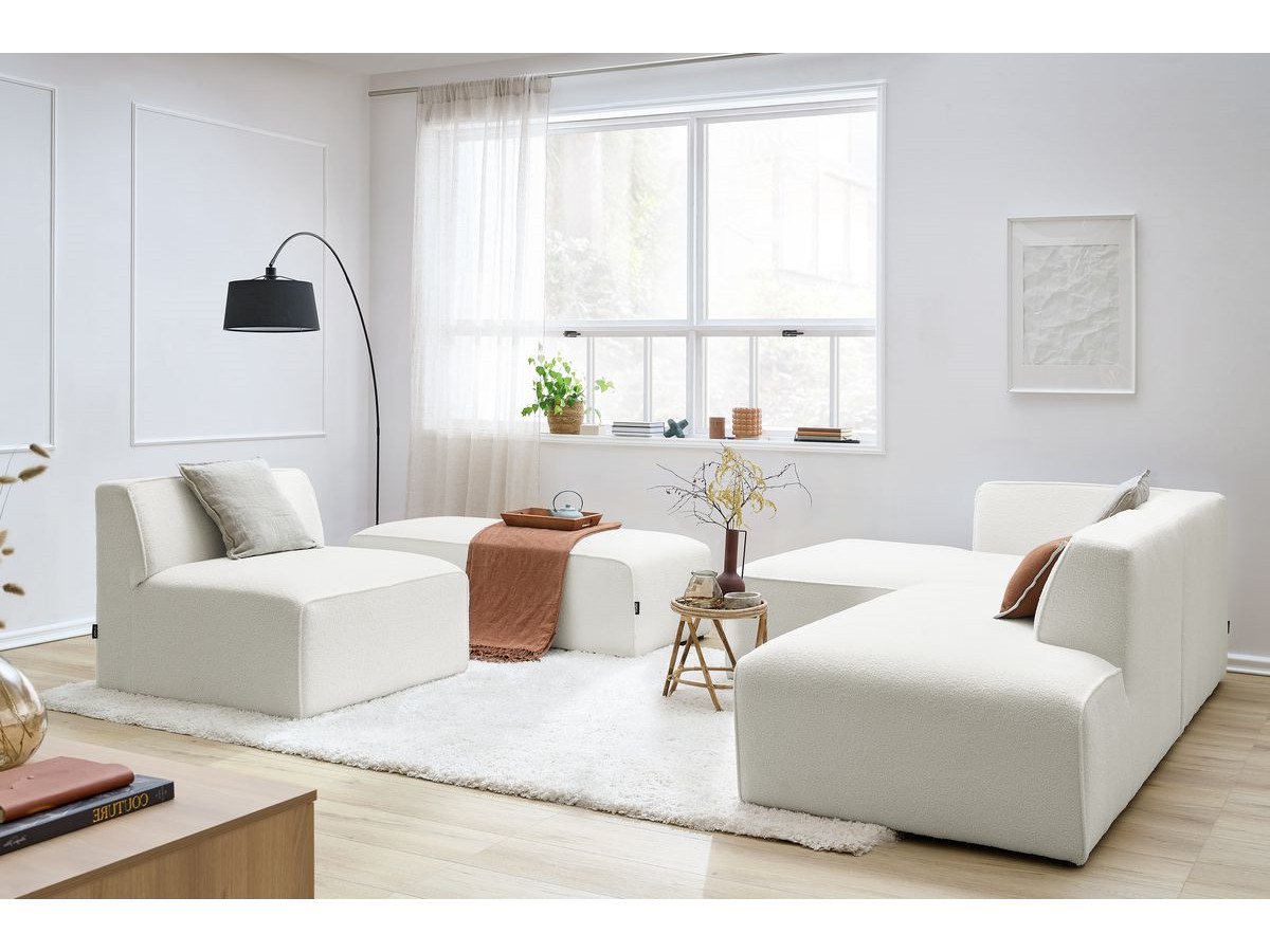 MEGEVE modulaire vaste hoekbank in badstof met 1 fauteuil en 1 poef