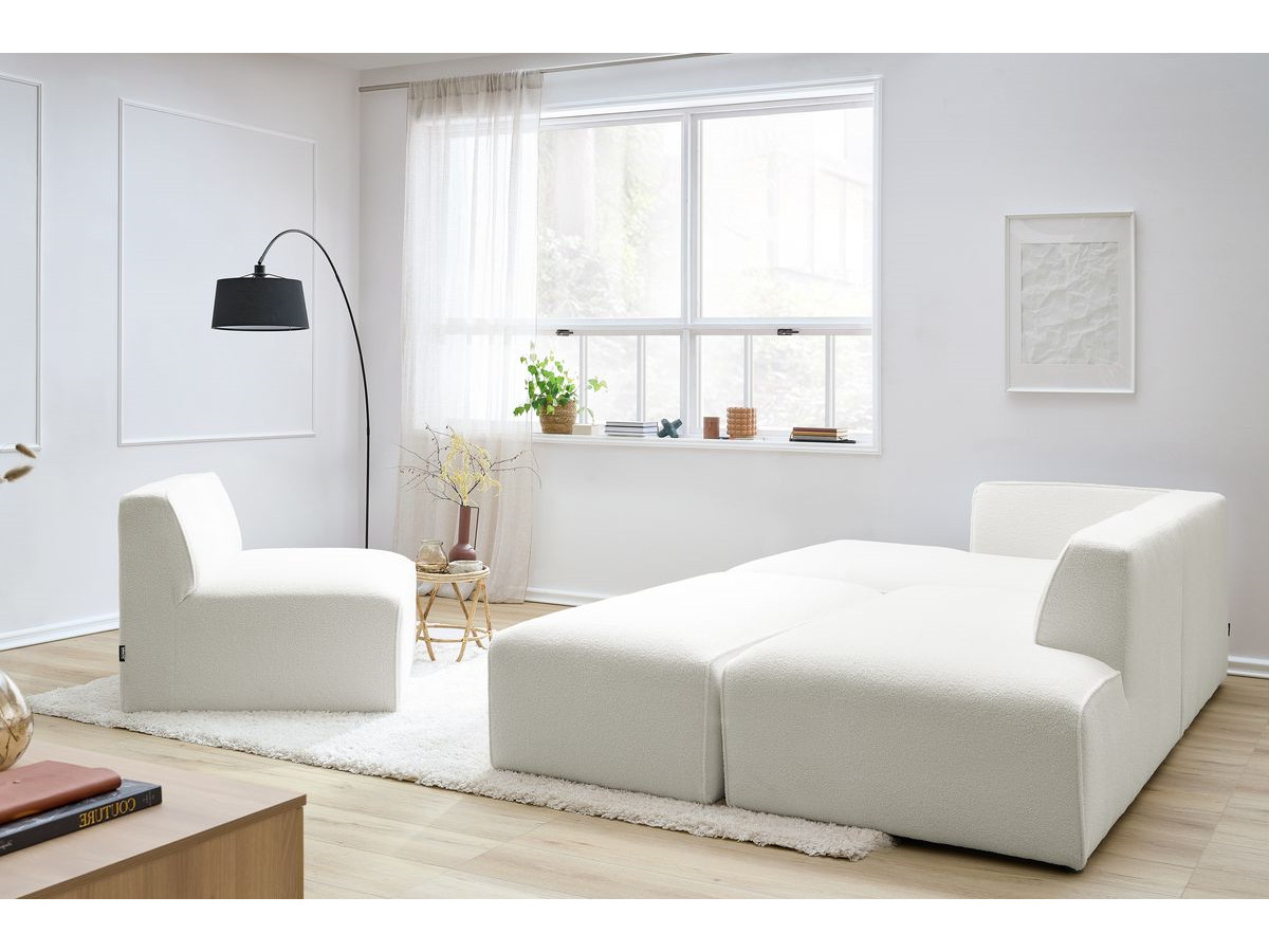 Canapé d'angle fixe modulable MEGEVE tissu bouclette avec 1 chauffeuse et 1 pouf