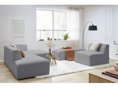 Canapé d'angle fixe modulable MEGEVE tissu bouclette avec 1 chauffeuse et 1 pouf