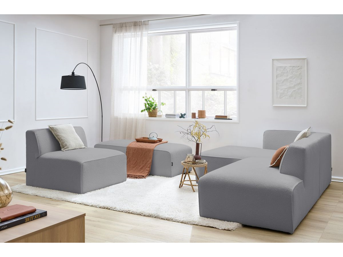 Canapé d'angle fixe modulable MEGEVE tissu bouclette avec 1 chauffeuse et 1 pouf
