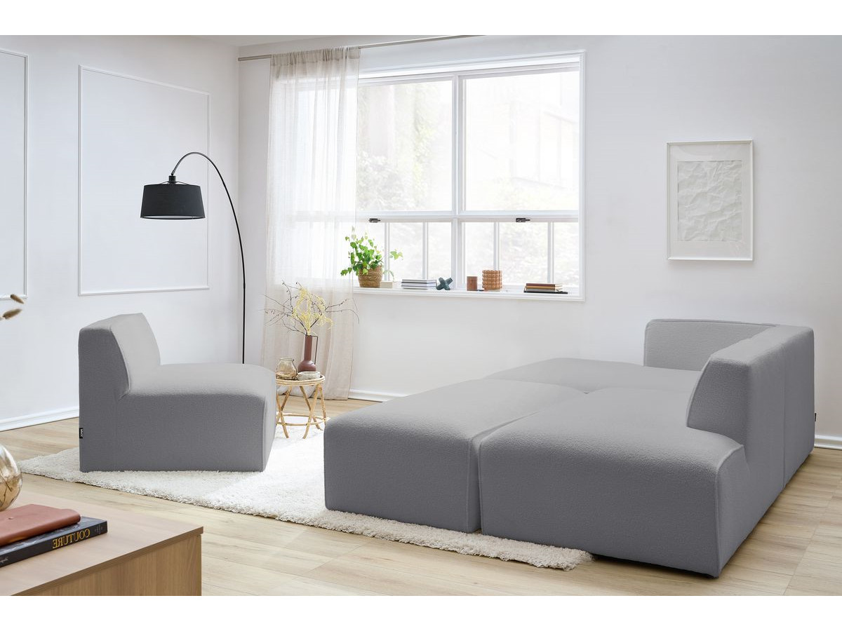 Canapé d'angle fixe modulable MEGEVE tissu bouclette avec 1 chauffeuse et 1 pouf