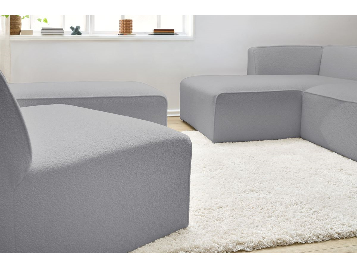 Canapé d'angle fixe modulable MEGEVE tissu bouclette avec 1 chauffeuse et 1 pouf