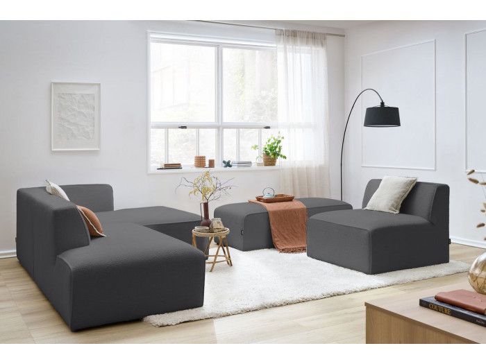 Canapé d'angle fixe modulable MEGEVE tissu bouclette avec 1 chauffeuse et 1 pouf