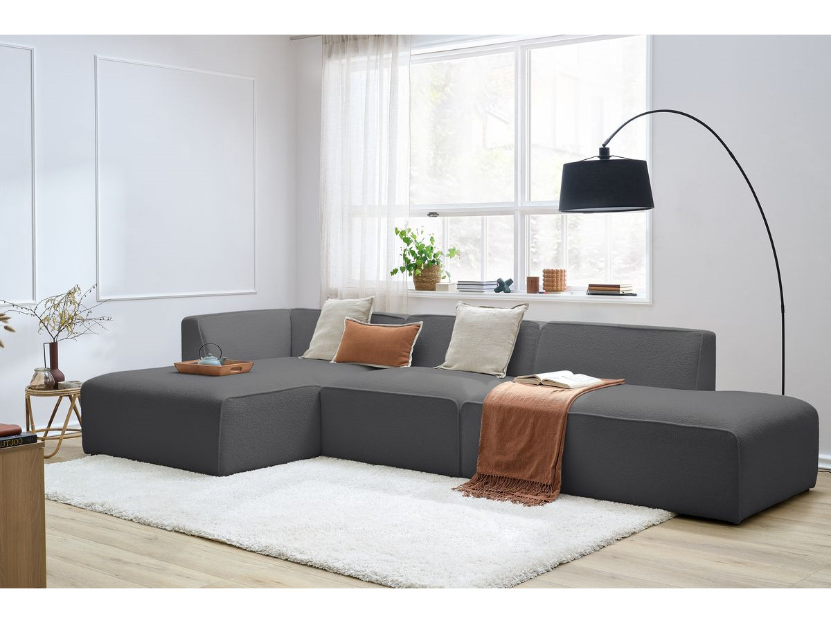 MEGEVE modulaire vaste hoekbank in badstof met 1 fauteuil en 1 poef