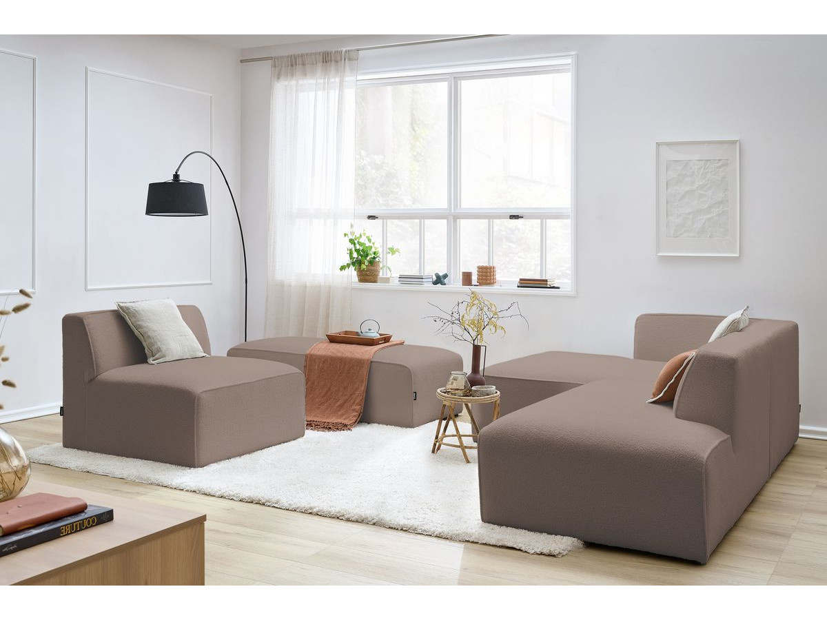 Canapé d'angle fixe modulable MEGEVE tissu bouclette avec 1 chauffeuse et 1 pouf