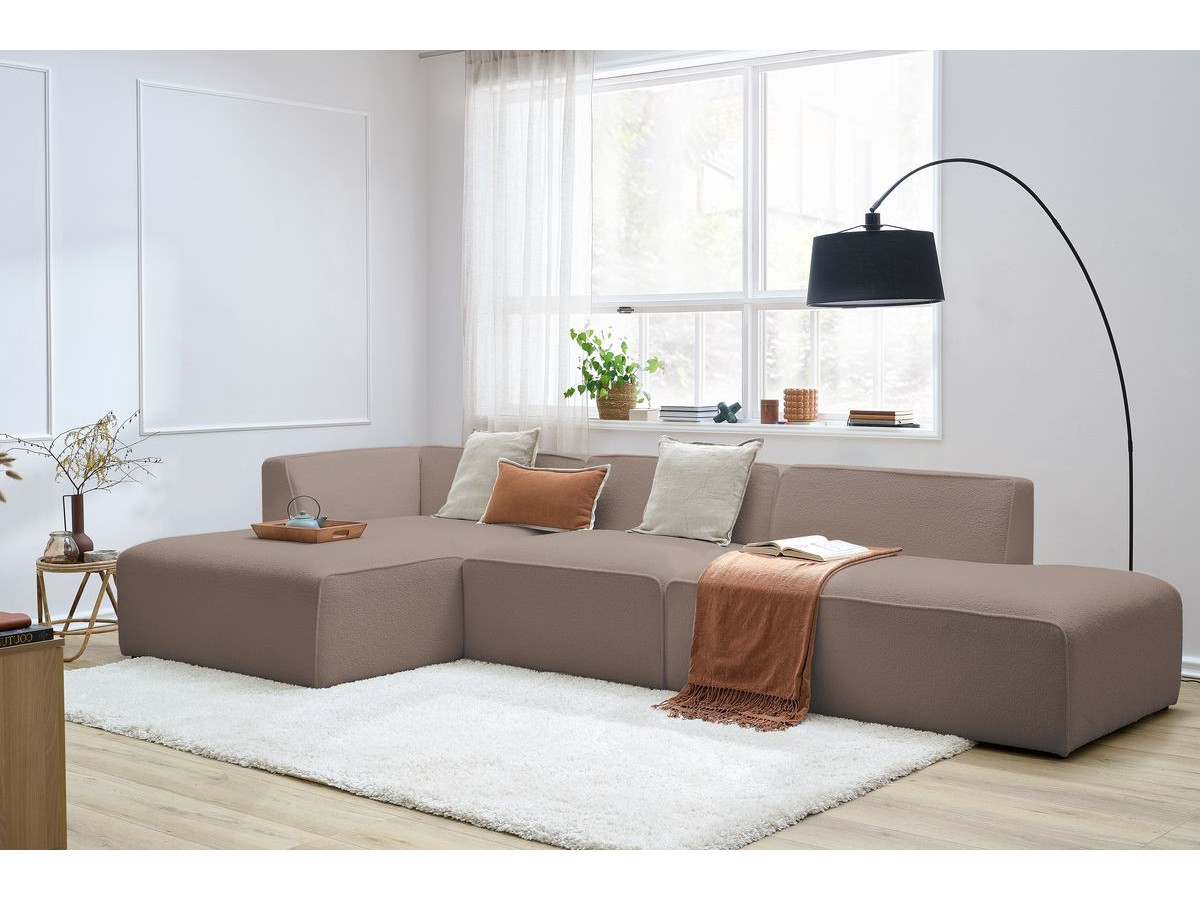 Canapé d'angle fixe modulable MEGEVE tissu bouclette avec 1 chauffeuse et 1 pouf