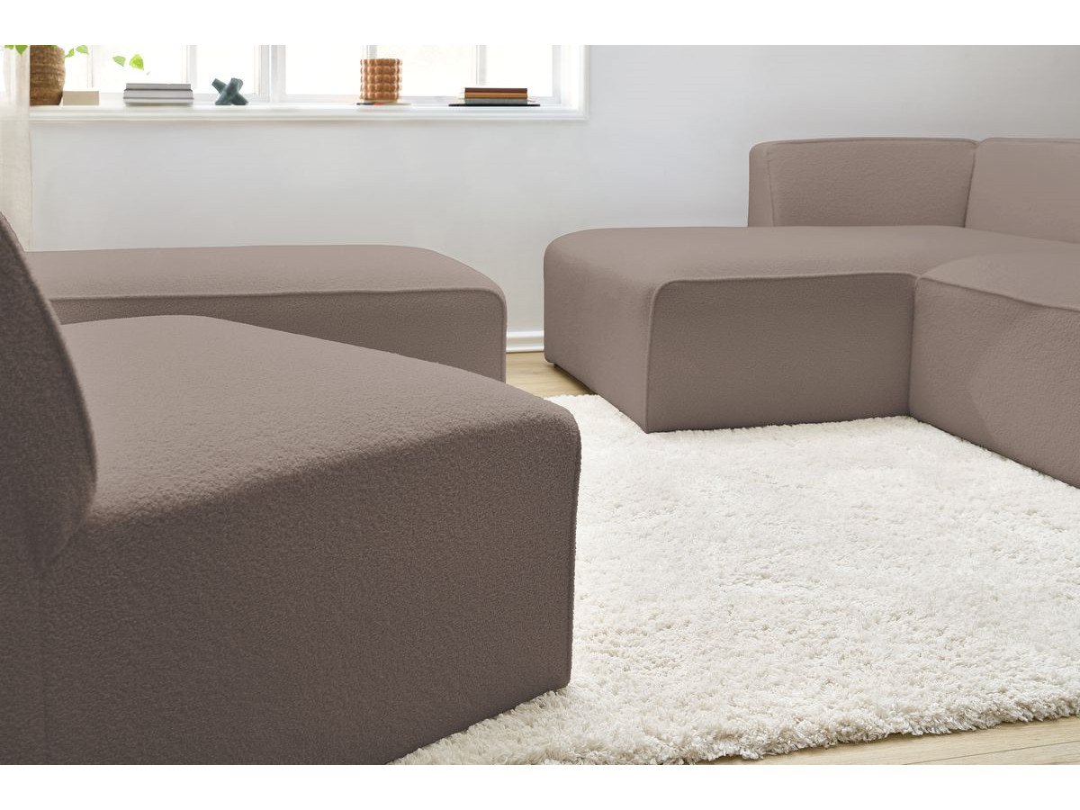 Canapé d'angle fixe modulable MEGEVE tissu bouclette avec 1 chauffeuse et 1 pouf