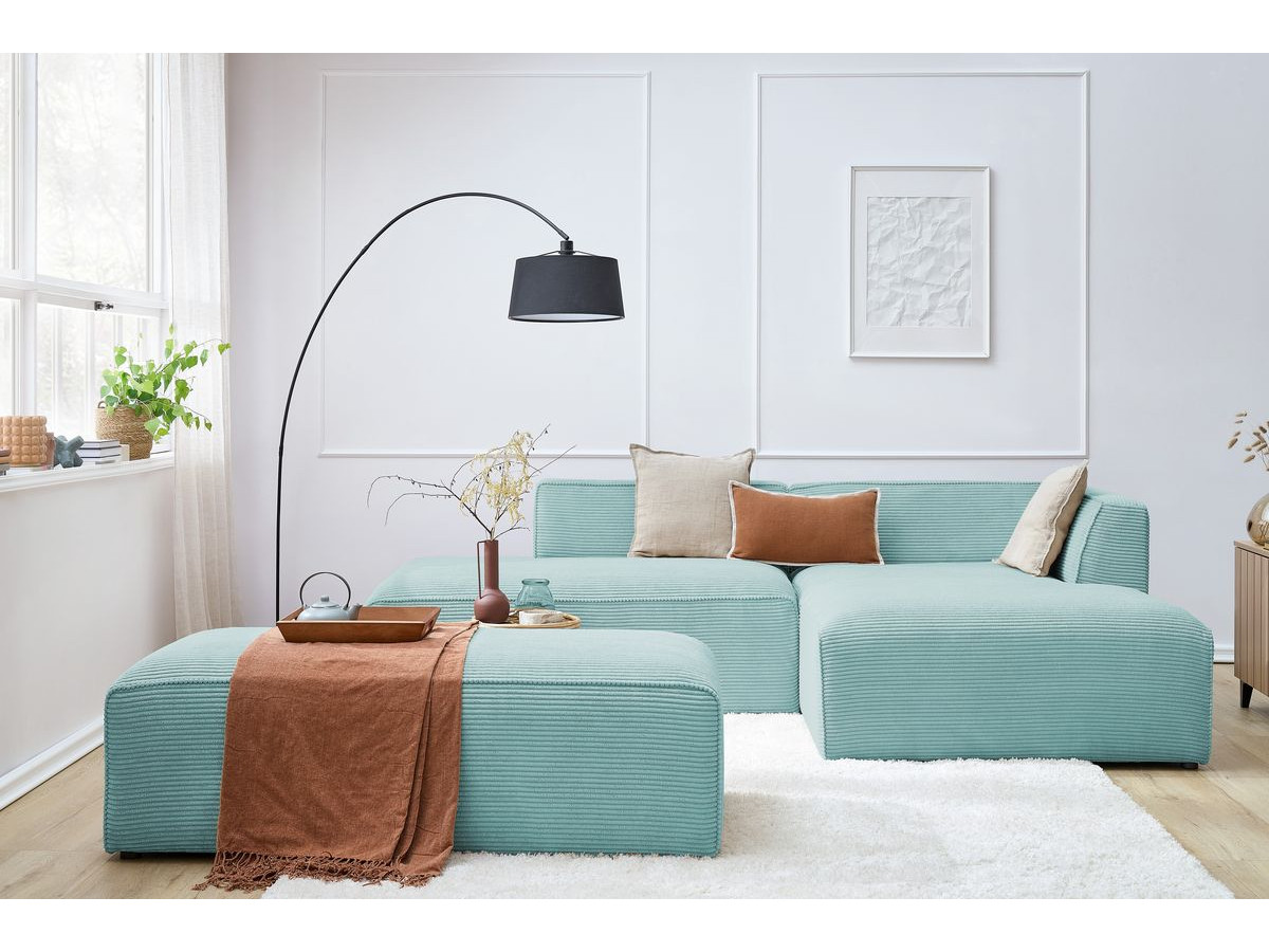 Canapé d'angle fixe modulable MEGEVE tissu velours côtelé avec pouf