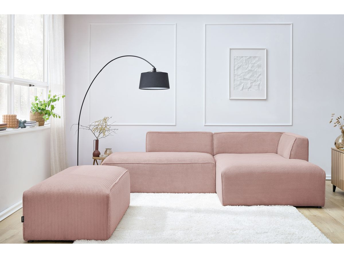 Canapé d'angle fixe modulable MEGEVE tissu velours côtelé avec pouf