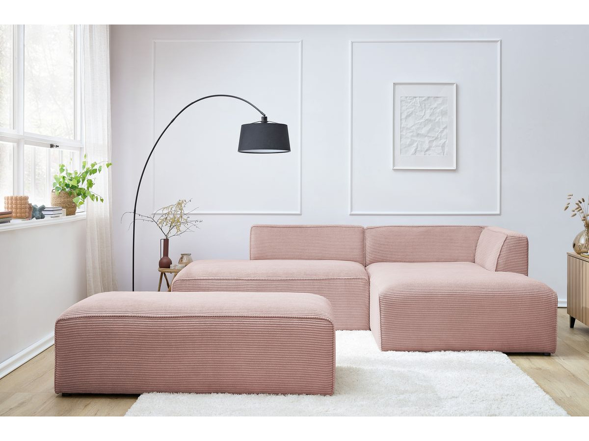 Canapé d'angle fixe modulable MEGEVE tissu velours côtelé avec pouf rose angle droit BOBOCHIC 5 places - Vue supplémentaire 3