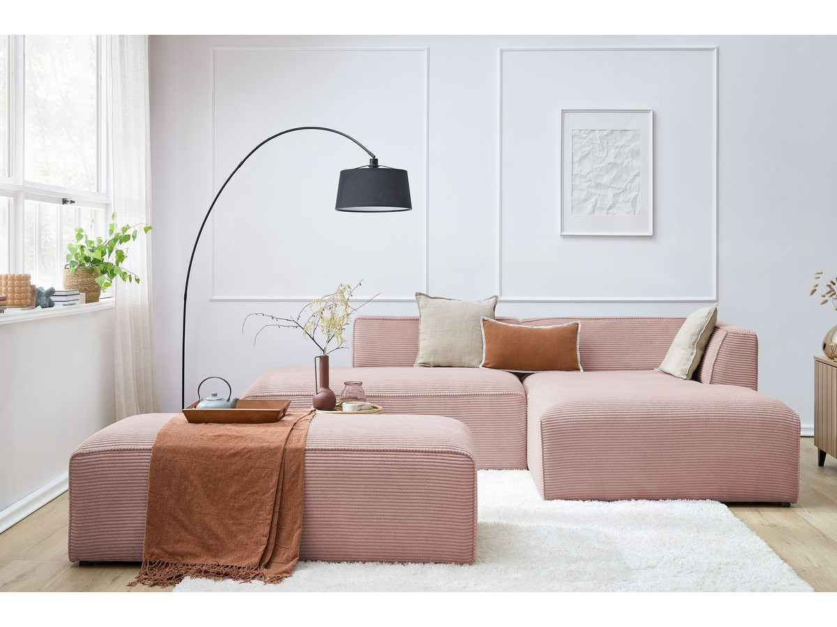 Canapé d'angle fixe modulable MEGEVE tissu velours côtelé avec pouf
