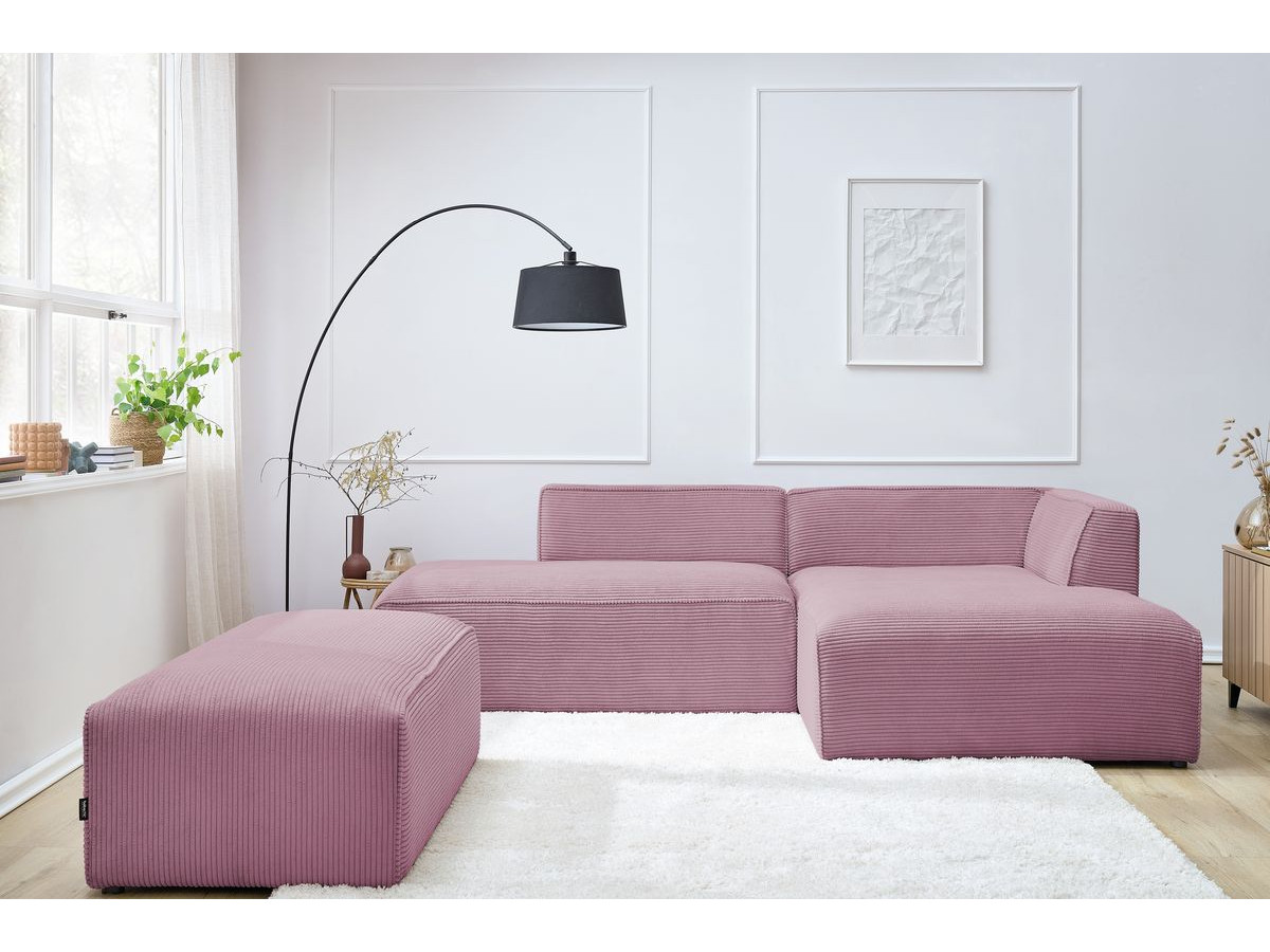 Canapé d'angle fixe modulable MEGEVE tissu velours côtelé avec pouf