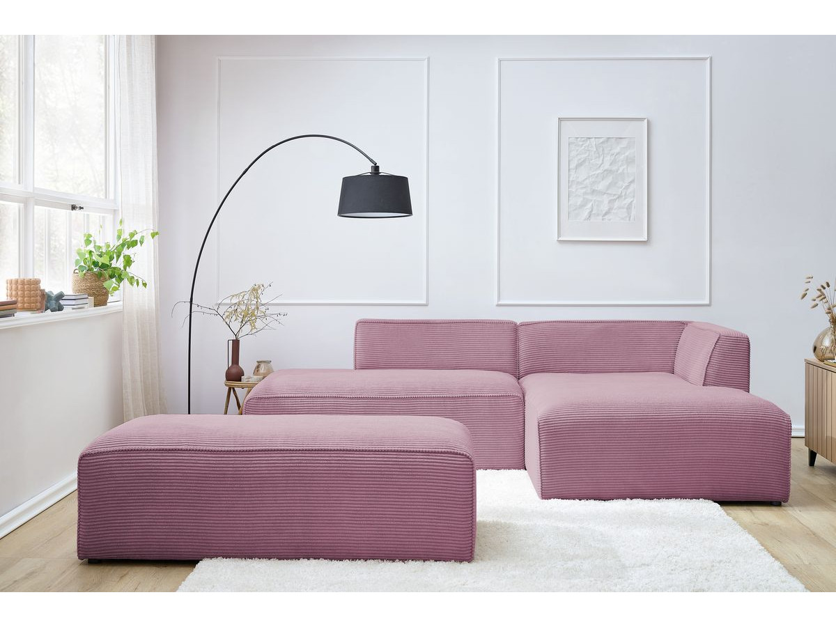 Canapé d'angle fixe modulable MEGEVE tissu velours côtelé avec pouf