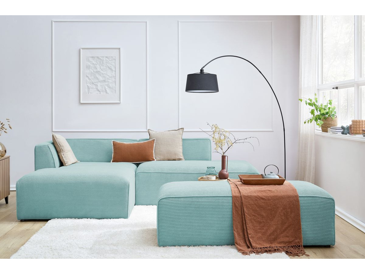 Canapé d'angle fixe modulable MEGEVE tissu velours côtelé avec pouf