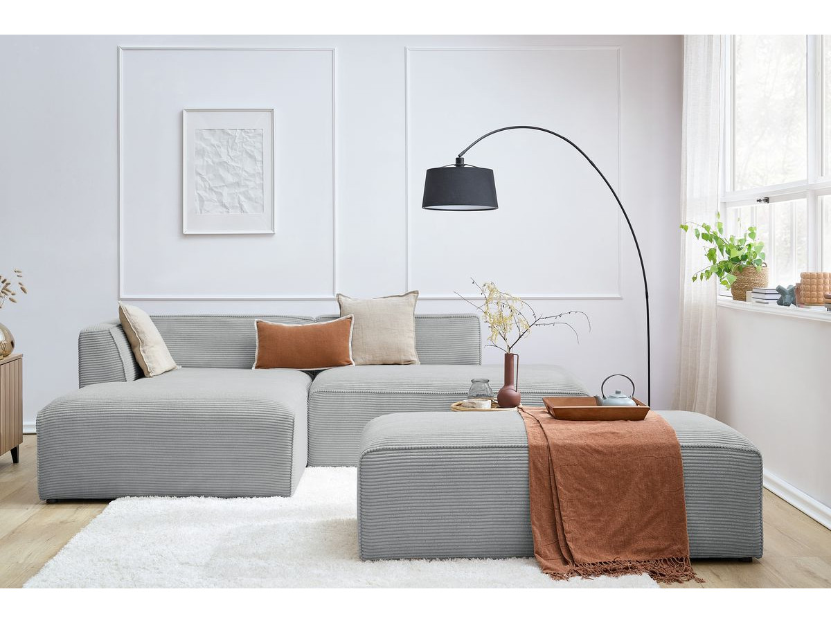 Canapé d'angle fixe modulable MEGEVE tissu velours côtelé avec pouf