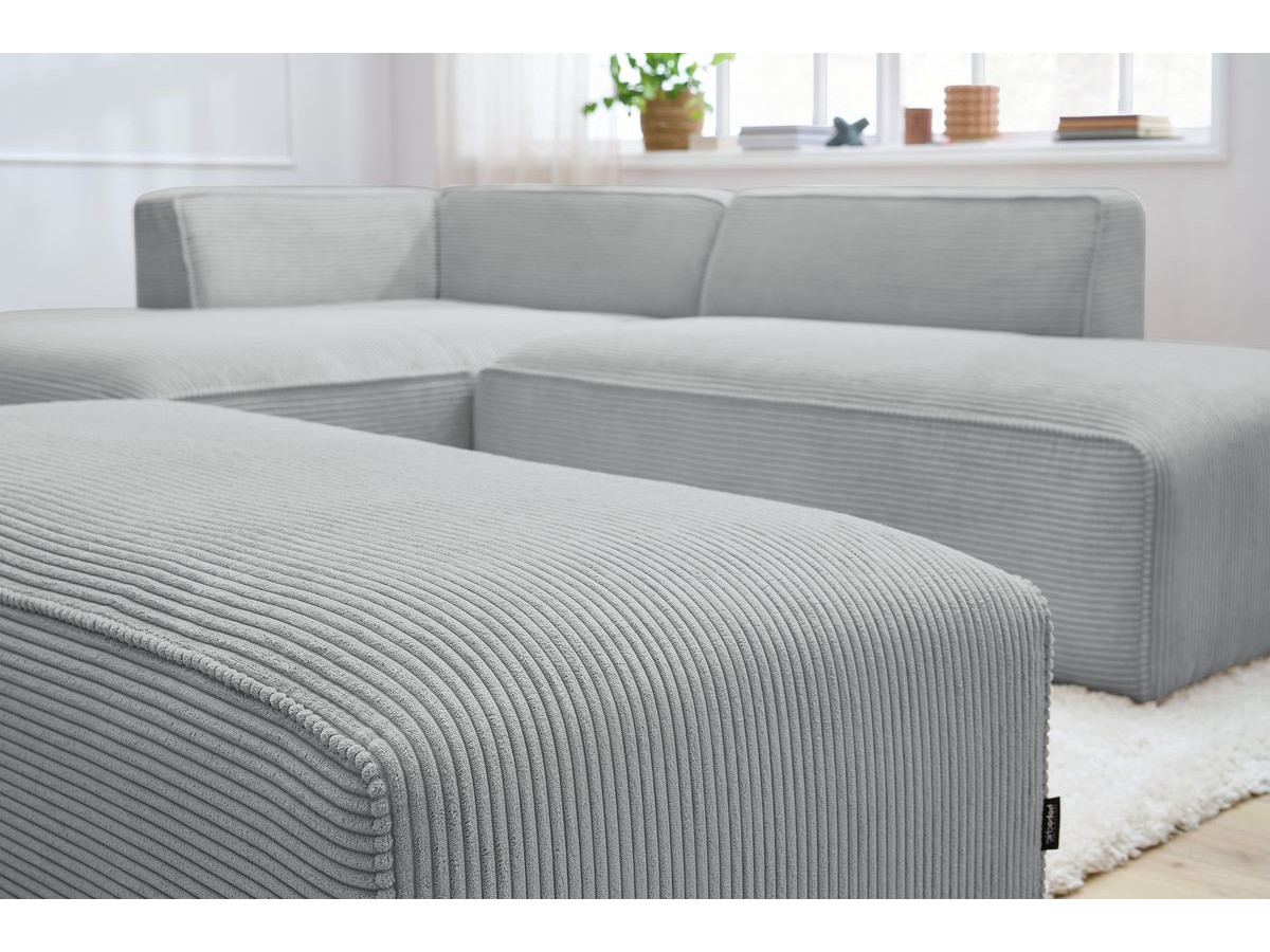 Canapé d'angle fixe modulable MEGEVE tissu velours côtelé avec pouf