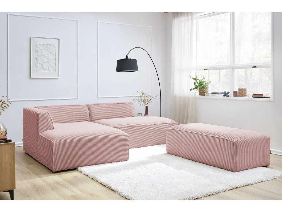 Canapé d'angle fixe modulable MEGEVE tissu velours côtelé avec pouf