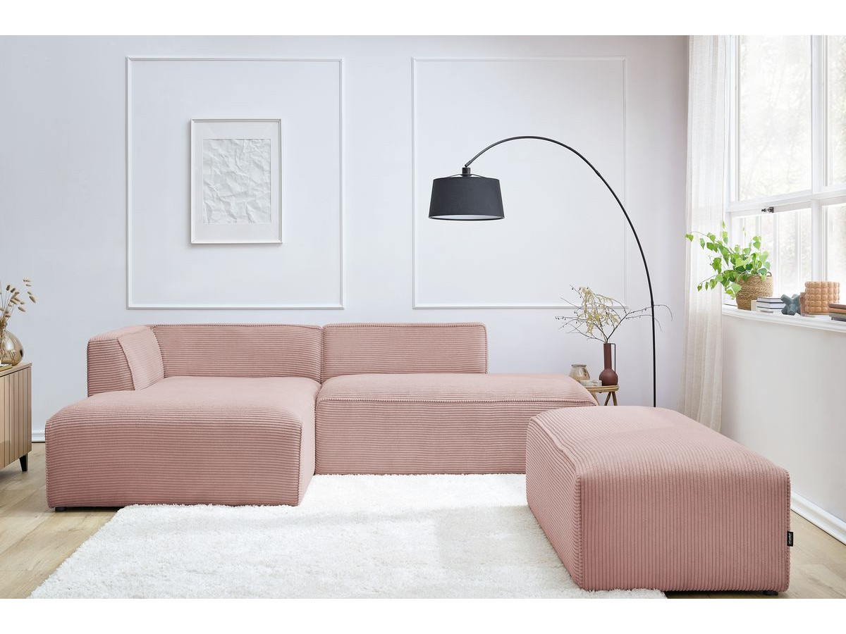 Canapé d'angle fixe modulable MEGEVE tissu velours côtelé avec pouf