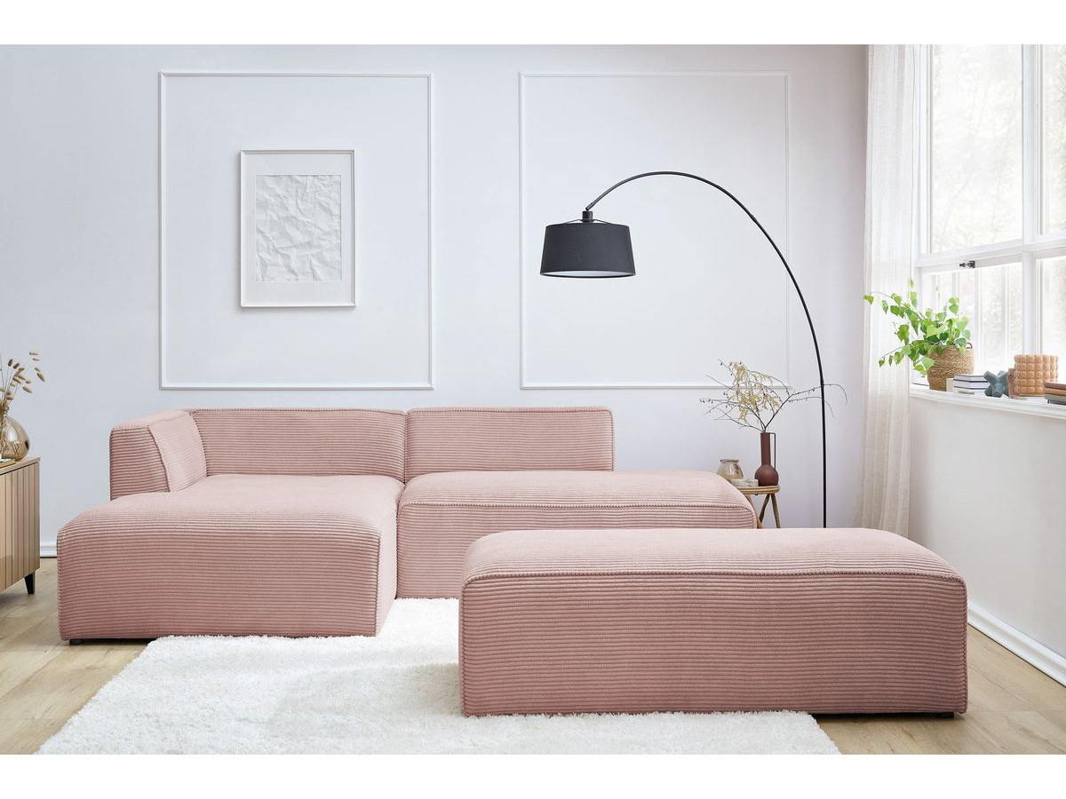 Canapé d'angle fixe modulable MEGEVE tissu velours côtelé avec pouf rose angle gauche BOBOCHIC 5 places - Vue supplémentaire 3