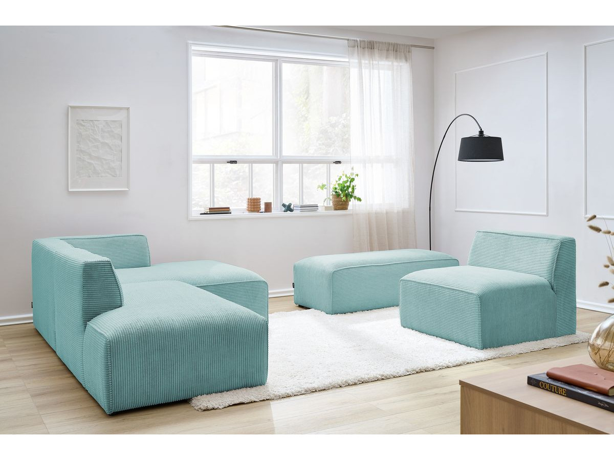 Canapé d'angle fixe modulable MEGEVE tissu velours côtelé avec 1 chauffeuse et 1 pouf bleu clair angle droit BOBOCHIC 6 places - Vue supplémentaire 3