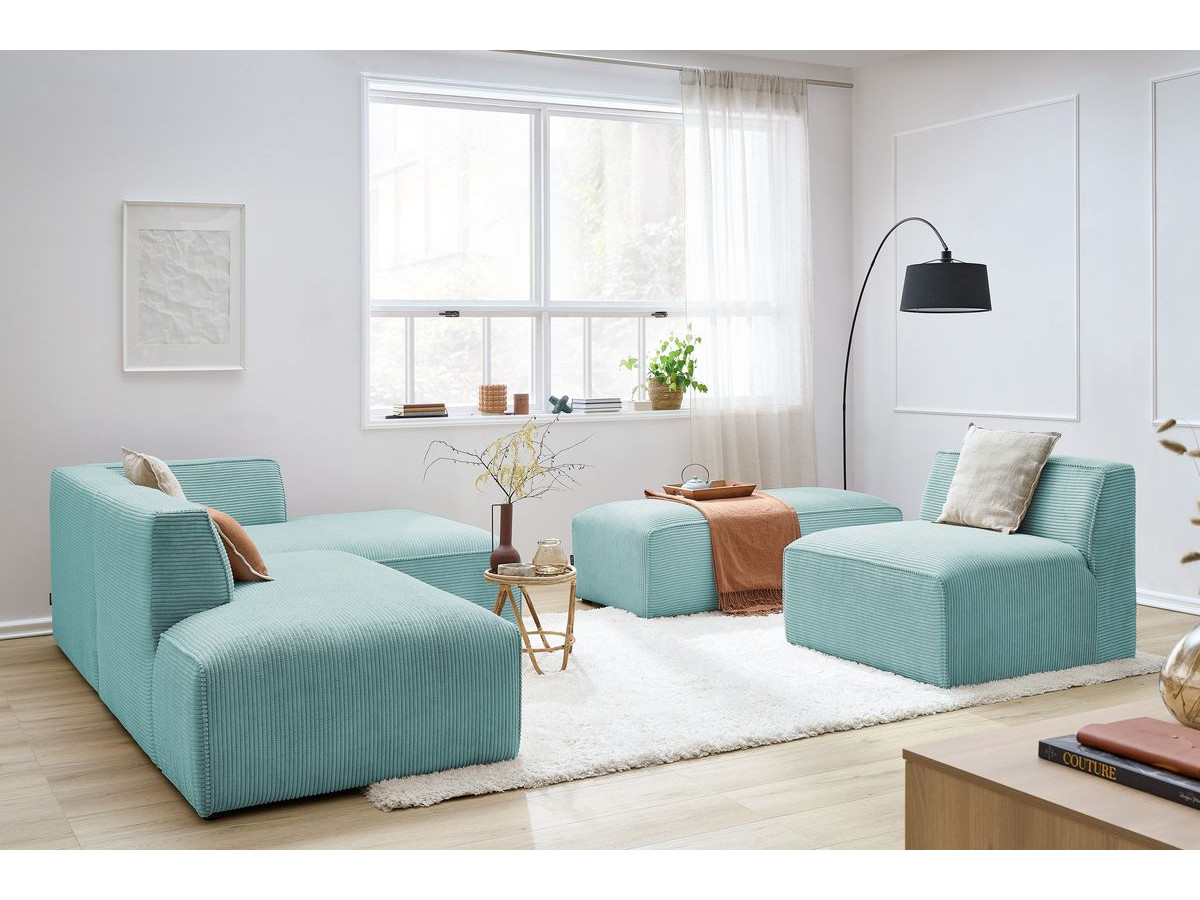 Canapé d'angle fixe modulable MEGEVE tissu velours côtelé avec 1 chauffeuse et 1 pouf