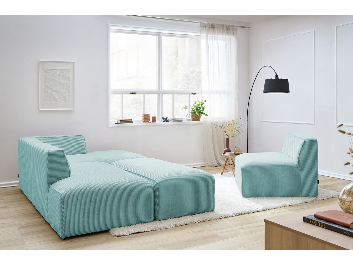 Canapé d'angle fixe modulable MEGEVE tissu velours côtelé avec 1 chauffeuse et 1 pouf