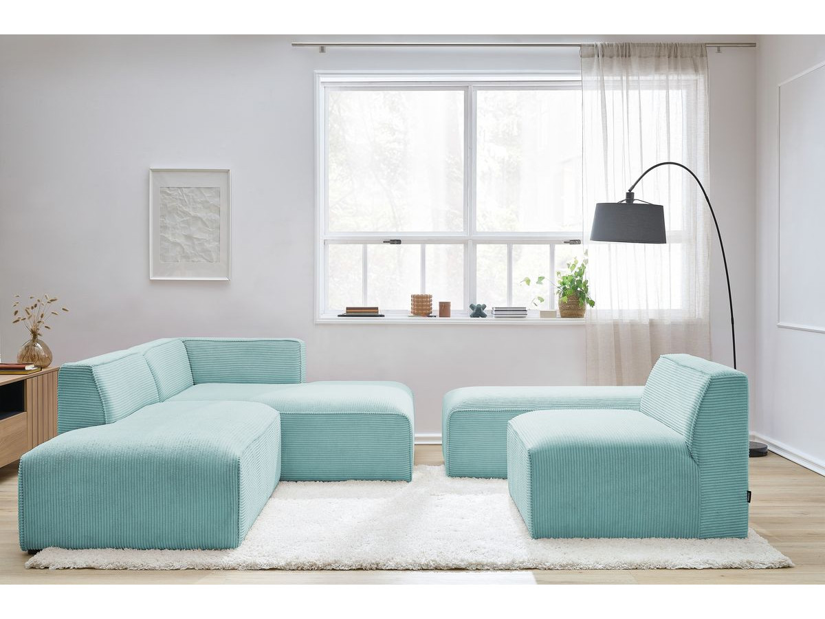 Canapé d'angle fixe modulable MEGEVE tissu velours côtelé avec 1 chauffeuse et 1 pouf