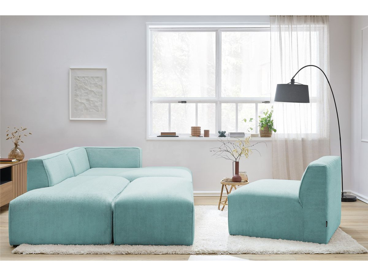Canapé d'angle fixe modulable MEGEVE tissu velours côtelé avec 1 chauffeuse et 1 pouf
