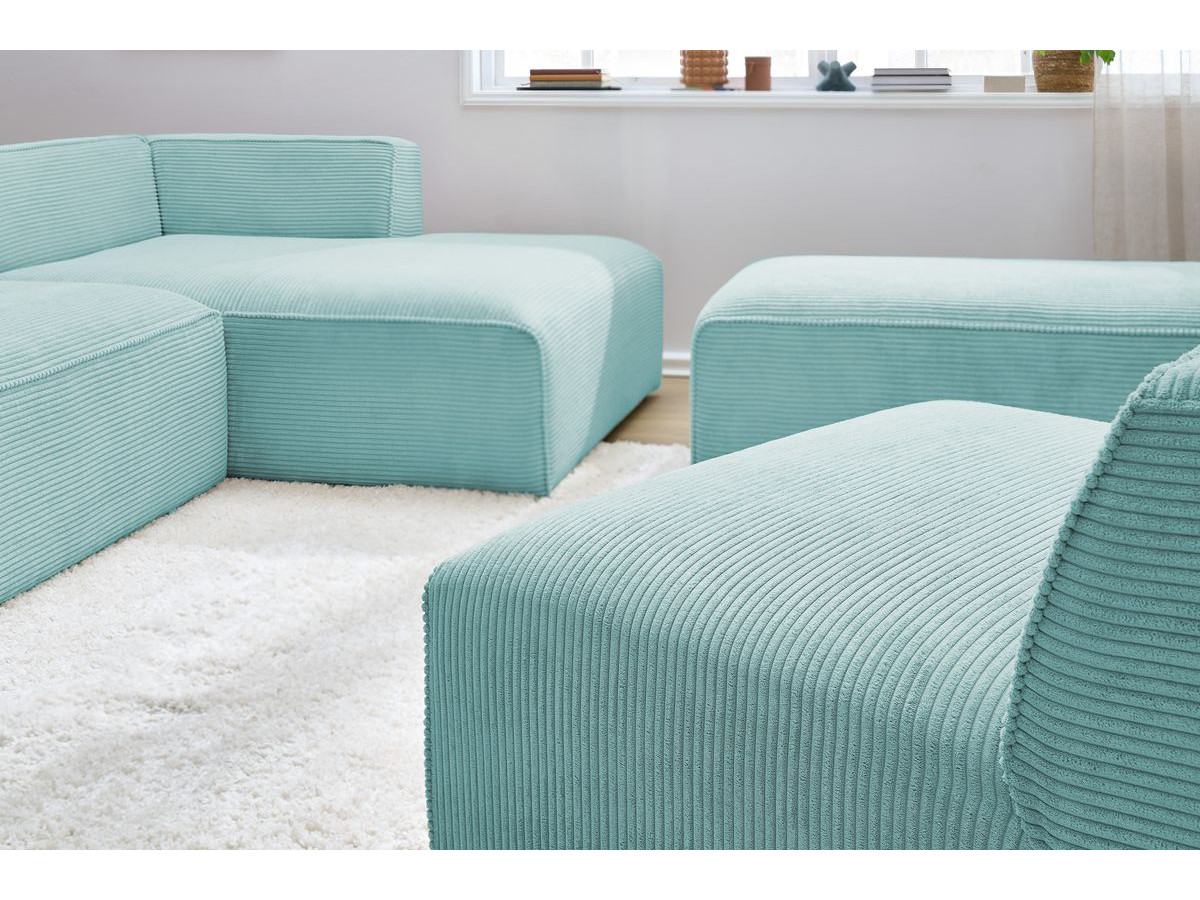 Canapé d'angle fixe modulable MEGEVE tissu velours côtelé avec 1 chauffeuse et 1 pouf