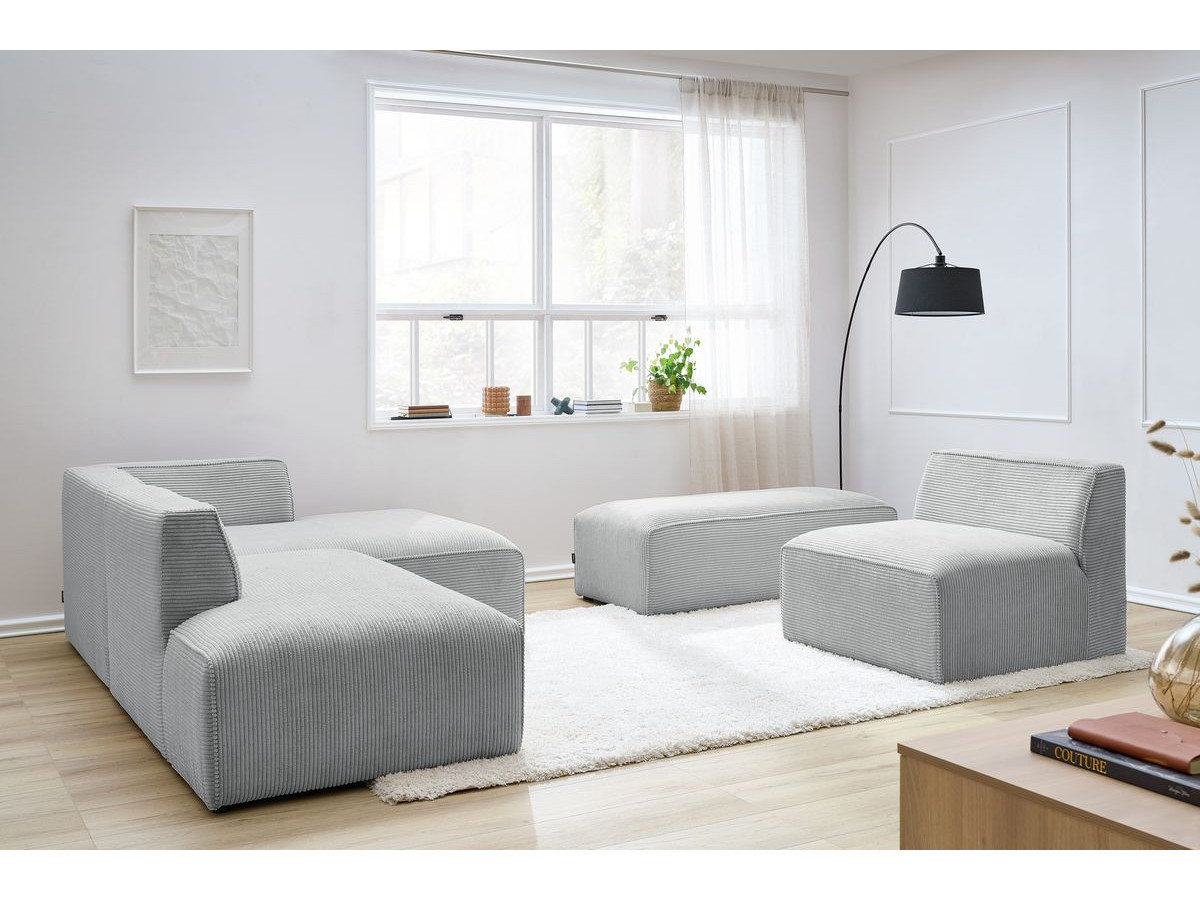 Canapé d'angle fixe modulable MEGEVE tissu velours côtelé avec 1 chauffeuse et 1 pouf gris clair angle droit BOBOCHIC 6 places - Vue supplémentaire 3