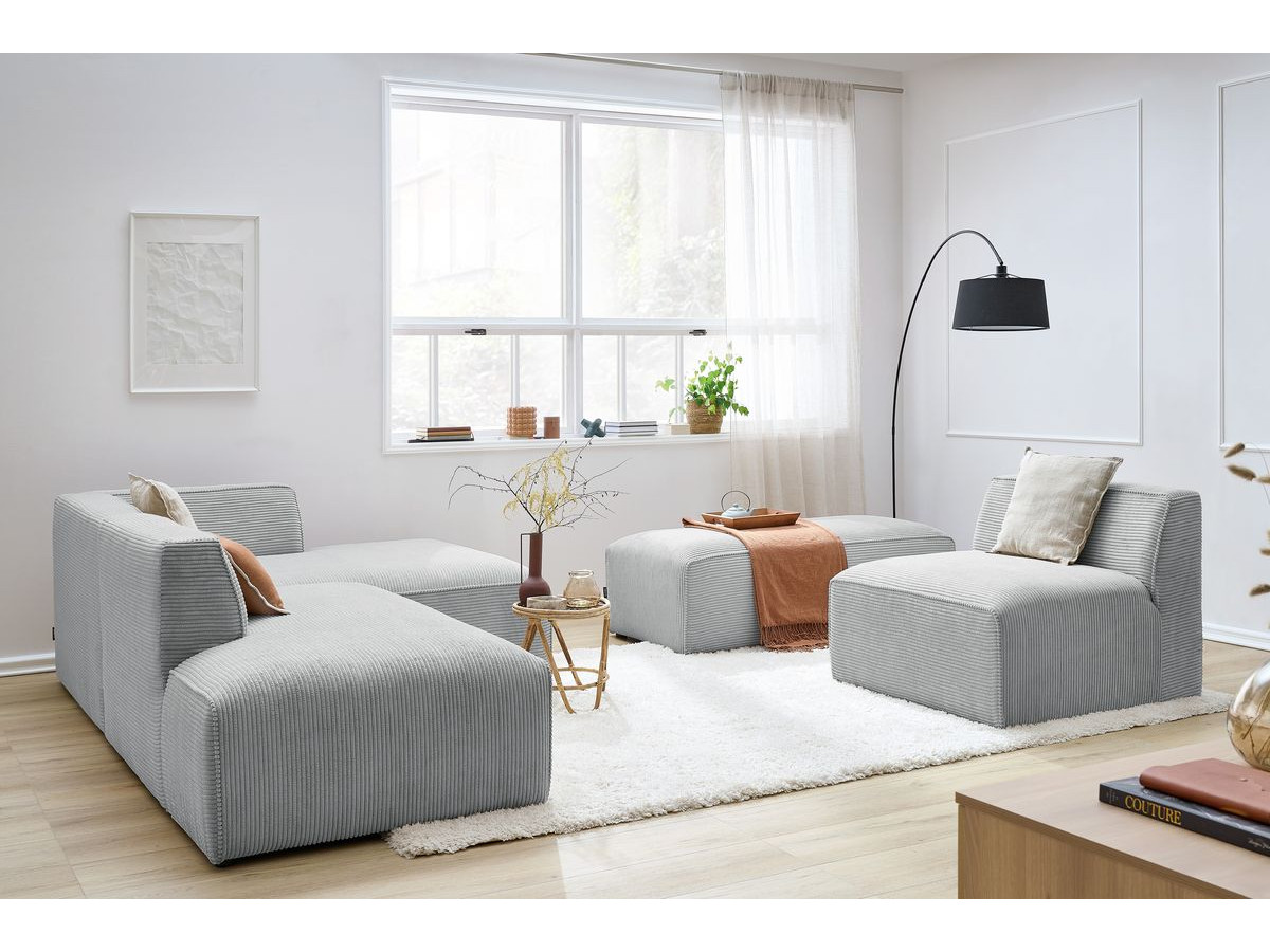Canapé d'angle fixe modulable MEGEVE tissu velours côtelé avec 1 chauffeuse et 1 pouf