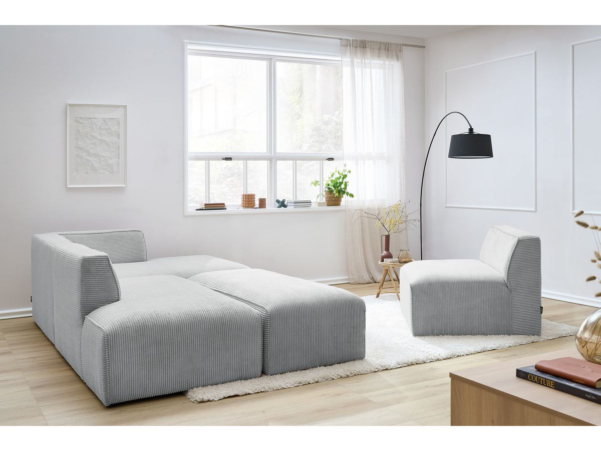 Canapé d'angle fixe modulable MEGEVE tissu velours côtelé avec 1 chauffeuse et 1 pouf